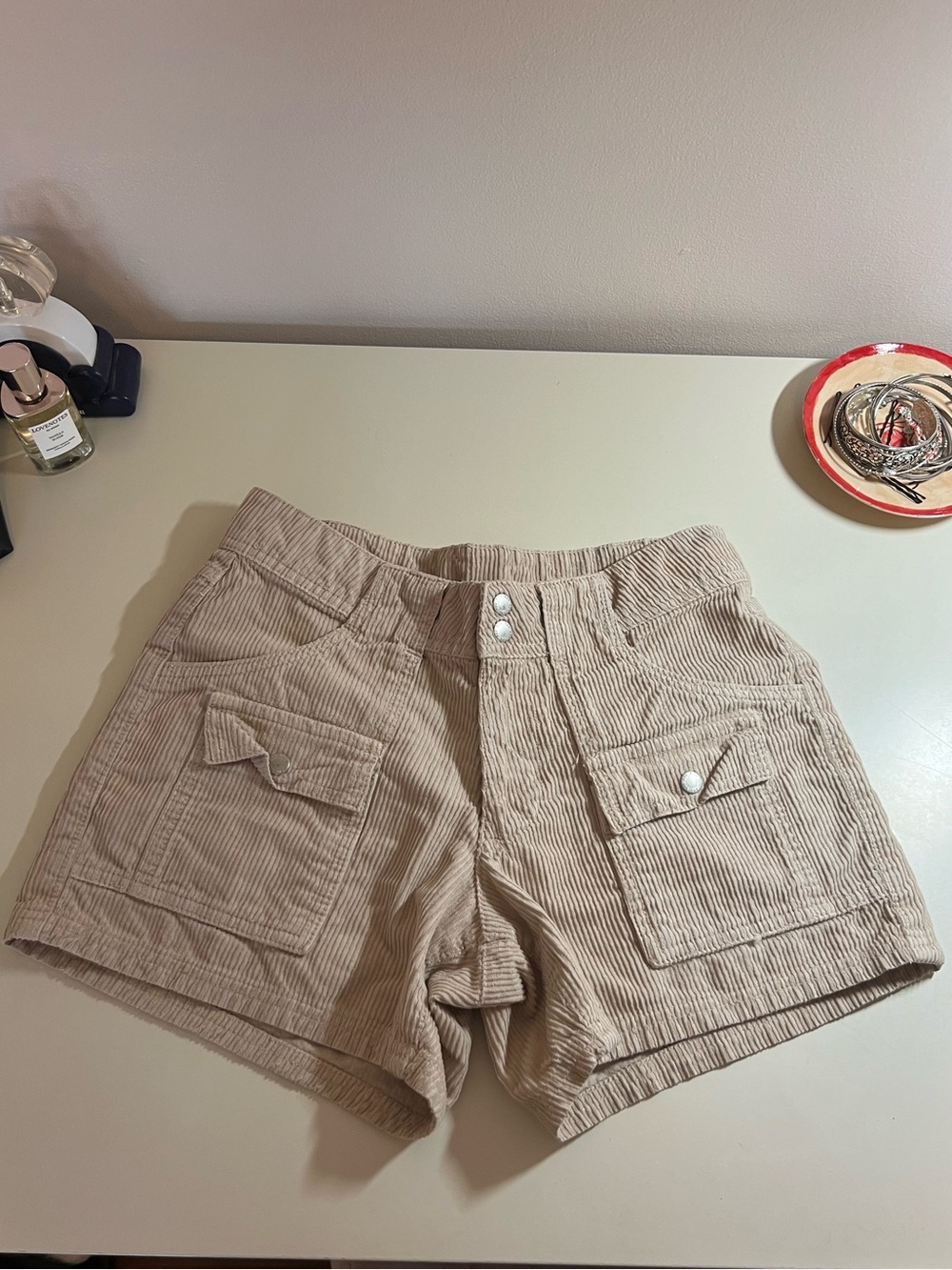 Mid-Rise Beige Corduroy Utility Shorts
